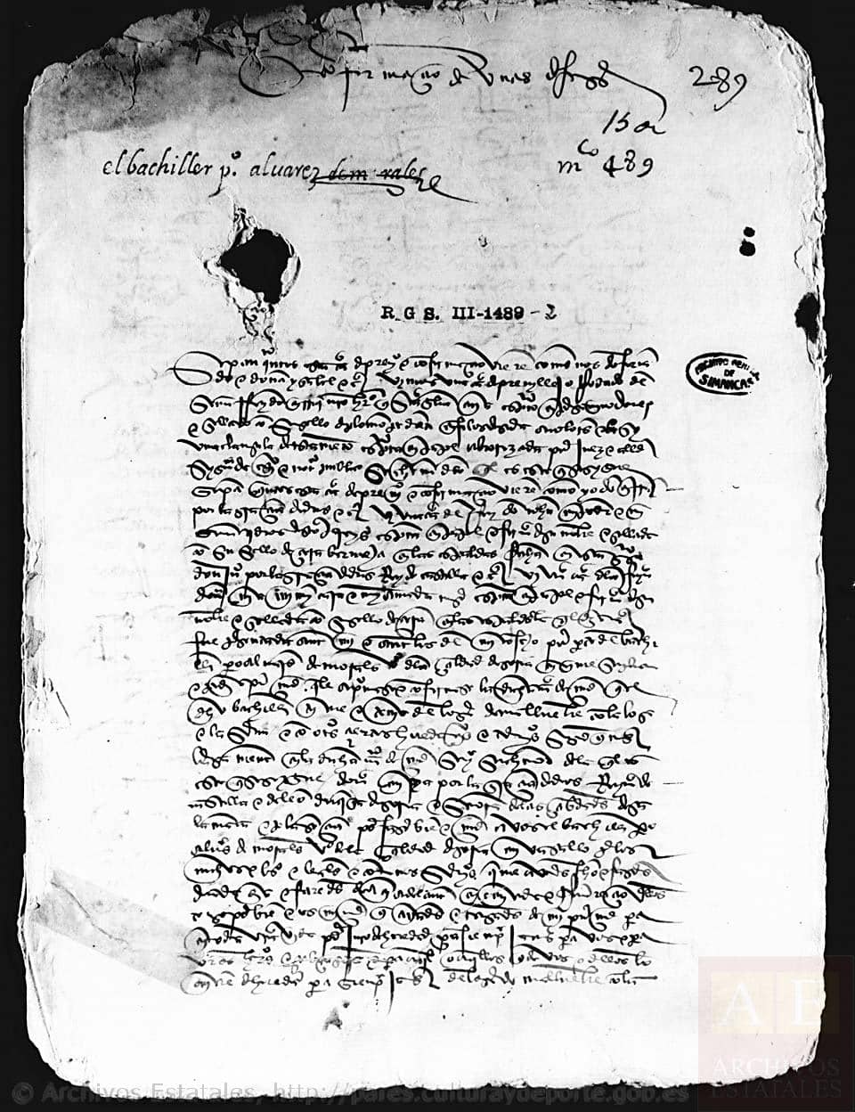 Primera página de la Carta-Privilegio de Malluembre, otorgada por Enrique IV en 1458. Archivo General de Simancas. Fotografía Joaquina Gutiérrez Peña